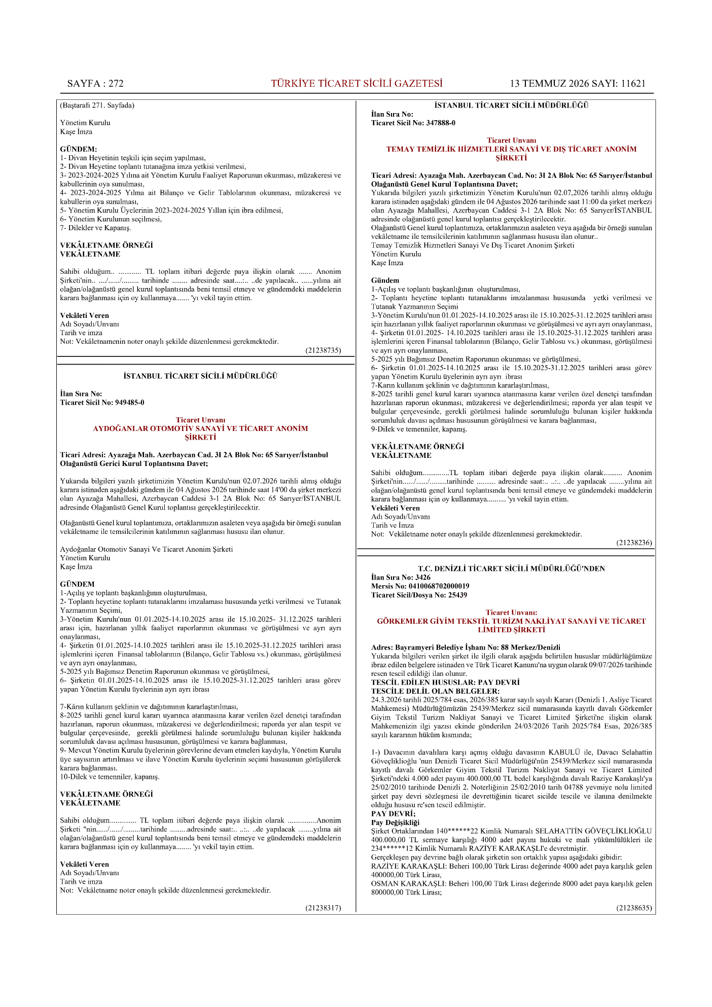 13 Temmuz 2026 tarihli Türkiye Ticaret Sicili Gazetesi genel kurul ilanı önizlemesi